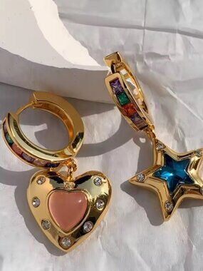 Gold Rainbow Charm Earrings –Heart & Star Drop, Colorful Crystal Statement Hoops